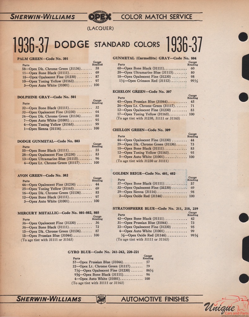 1936 Dodge Paint Charts Williams 4